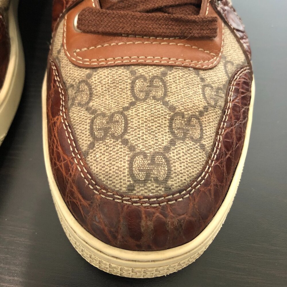 SOLD Gucci 224778 GG Imprime High Top Authentic Brown Crocodile Trim Men’s 8.5 - Picture 10 of 13